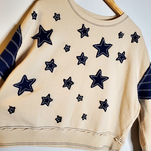 Pilcro Star Patch Ivory & Blue Oversized terrycloth sweatshirt Size XS NWT - Picture 11 of 11
